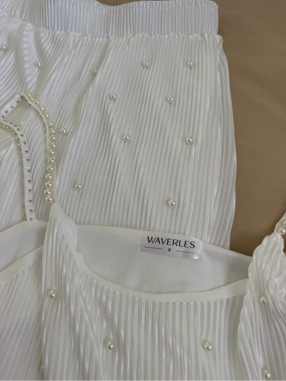 Waverles Women's White Pearl-Embellished Pleated Pajama Set